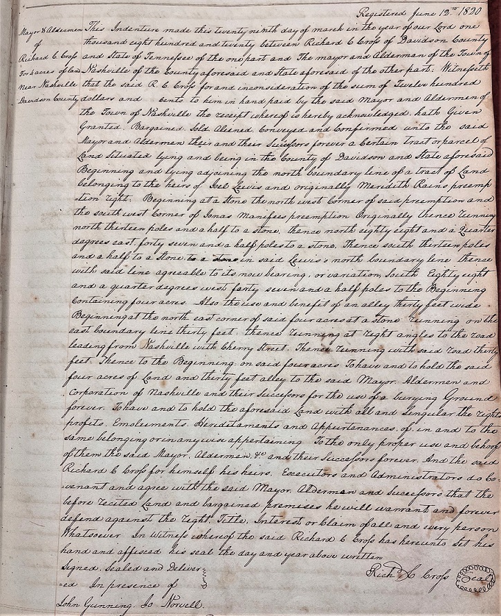 Deed Book O, pg. 9 - purchase of land for burial ground