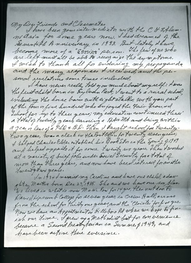 From the George H. Boyles Papers, a letter to his classmates talking about his help in forming Elder's Bookstore.