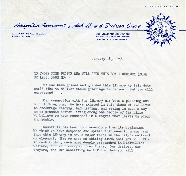 Letter included with the cornerstone box, buried at Ben West.