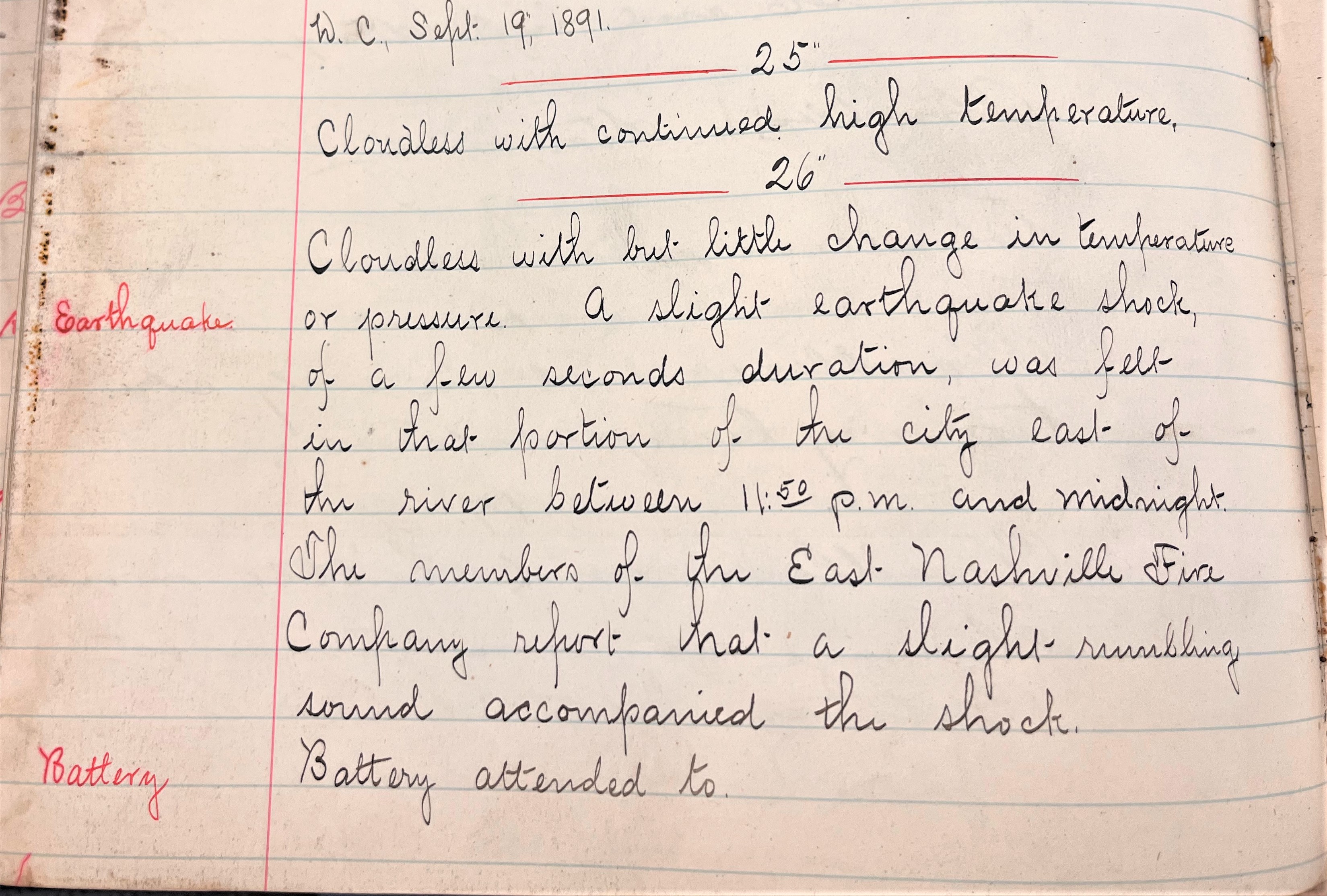 Nashville Weather Reports Collection - Entry from Sept. 26th, 1891