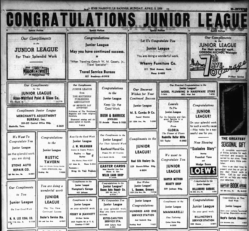 Nashville Banner clipping from April, 1936, congratulating the Junior League.