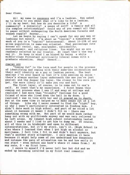 This is a letter from the Sexuality Workshop. The host had asked one of his friends to explain her experience with her sexuality, so others might be able to understand and learn. 