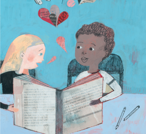 Blonde, long-haired white child sharing a conversation with a curly haired black boy behind a large book.