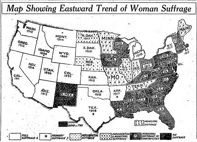 Tennessean clipping with map of women's suffrage progress, from April 1919