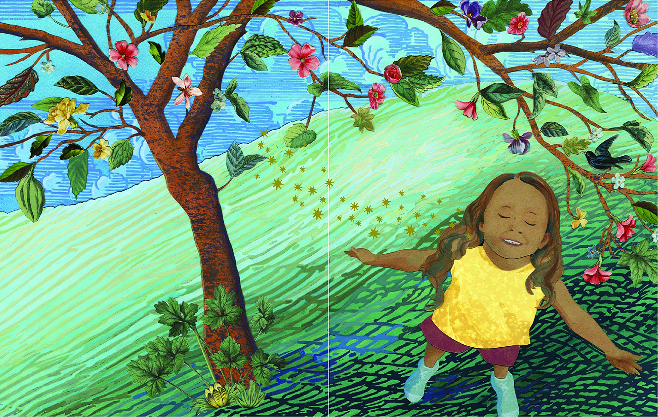 Child in a yellow camisole and blue boots stands under a tree, taking a deep breath and smiling