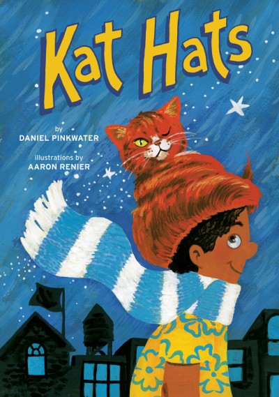  Cover of Kats Hats by Daniel Pinkwater. Image contains one boy wearing a blue and white striped scarf and an orange tabby cat in the shape of a hat on his head. 