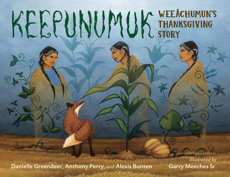 Book cover illustration which includes three Wampanoag figures and a fox 