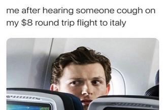Meme from 2020 conveying the fear of others coughing, and the drop in airline prices