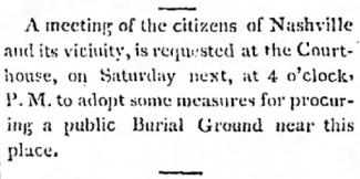 Nashville Whig newspaper clipping for public meeting about a cemetery site