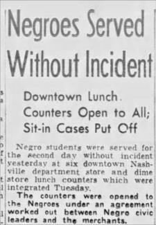 Tennessean clipping from May 12th, 1960 after a few restaurants in Nashville integrated their lunch counters