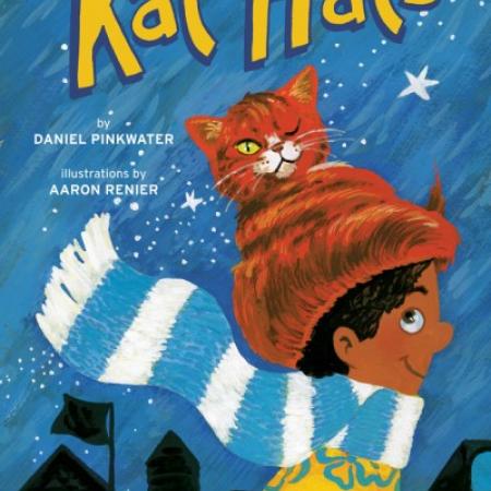  Cover of Kats Hats by Daniel Pinkwater. Image contains one boy wearing a blue and white striped scarf and an orange tabby cat in the shape of a hat on his head. 